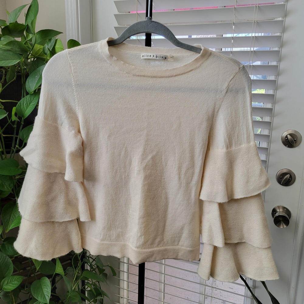 Alice + Olivia Cream Wool Ruffle Tiered Sleeve Sweater XS